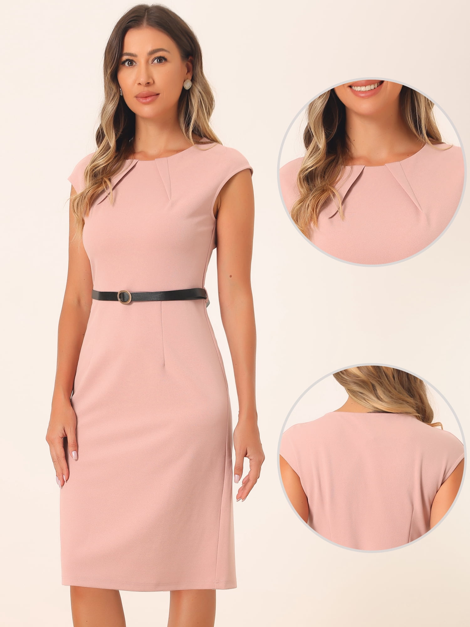 DARING DIVA Elegant Round Neck Cap Sleeve Belted Work Sheath Dresses XS Pink