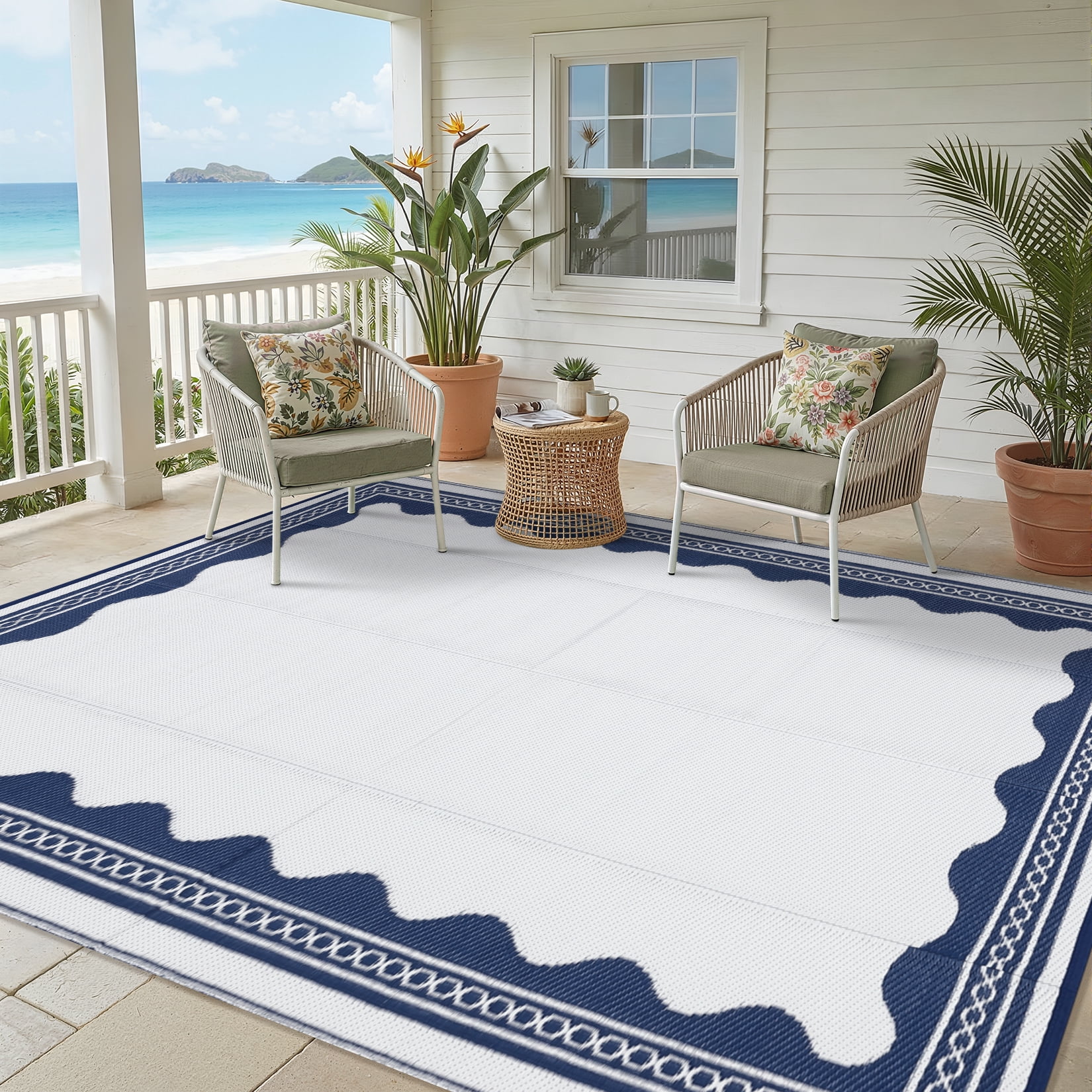 HIWEAVER Navy 9'x 12' Outdoor Rug Garden Decor Scolloped Bordered Carpet Plastic Straw Waterproof Reversible Patio Area Rug for Balcony Deck Picnic Portable Camping Mat