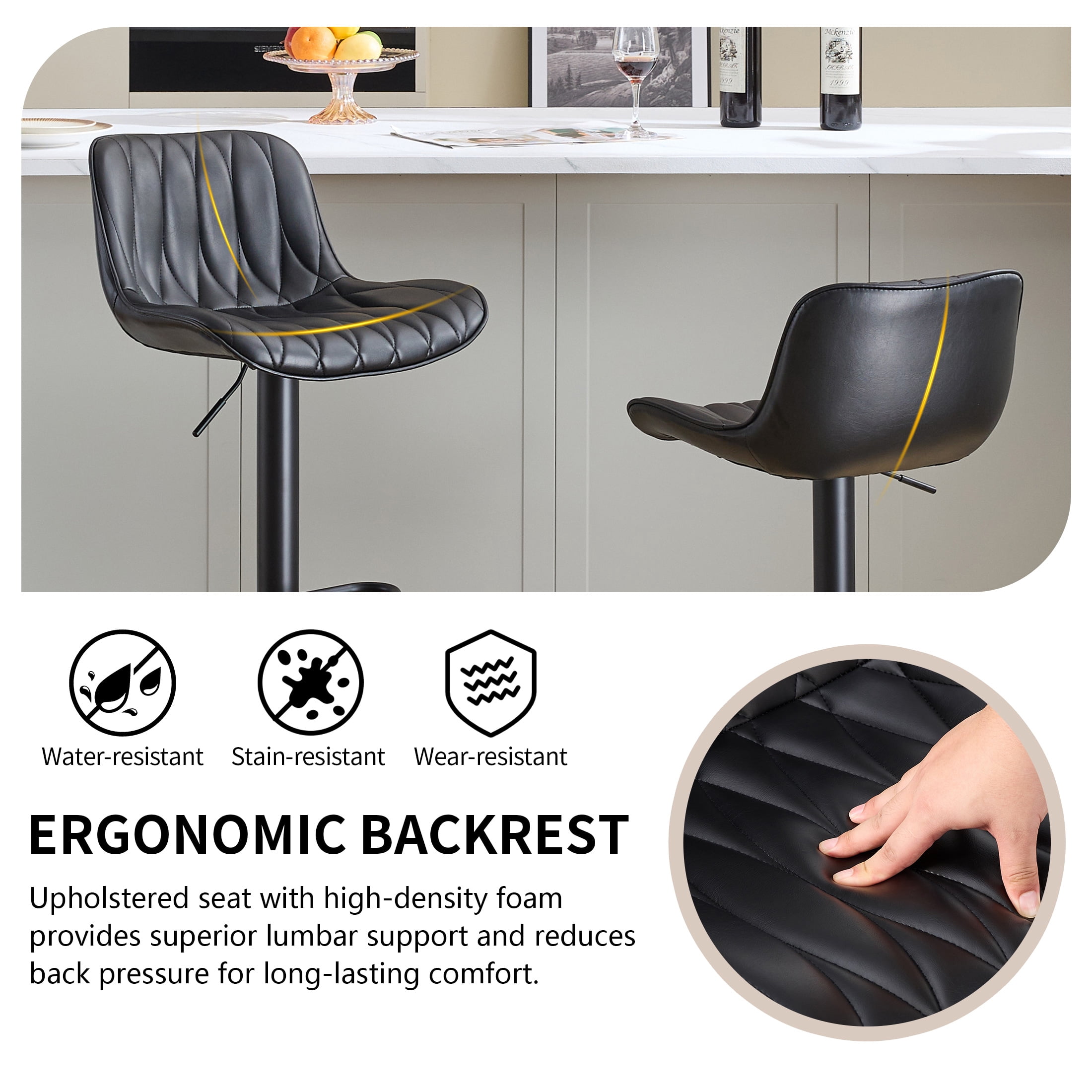 FIRAVOE Swivel Bar Stools Set of 3 (Adjustable Height 25"-33") Counter Height Bar Stools with Back, Modern Faux Leather Black Barstools for Kitchen Island