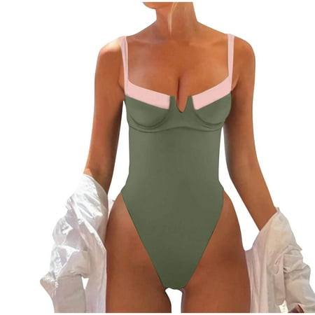 UTSJKR Savings Women s One Piece Swimsuit Tummy Control Bathing Suits High Cut V Neck Color Block Slimming Spaghetti Strap Swimwear Army Green XL