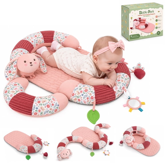 Blublu Park 3-in-1 Tummy Time Mat and Sitting Support with 4 Detachable Toys, Soft Non-Slip Baby Floor Seat