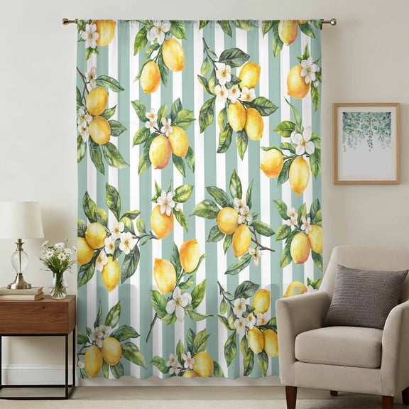 Yellow Lemon Sheer Curtains 84 Inches Long, Spring Botanical Floral Leaves Aqua Stripes Light Filering Curtains, Breathable Simi Curtain Privacy Drapes for Living Room Bedroom Window Treatment