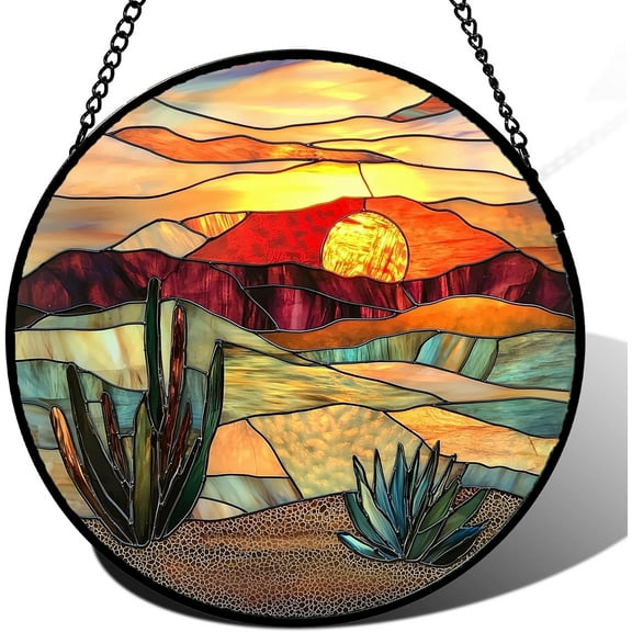 Stained Glass Window Hanging, Golden Landscape Dusk Sunset Suncatcher for Doors Window Home Cactus Sun Catchers Decoration Mother's Day Birthday Gifts for Women, Men, and Mom