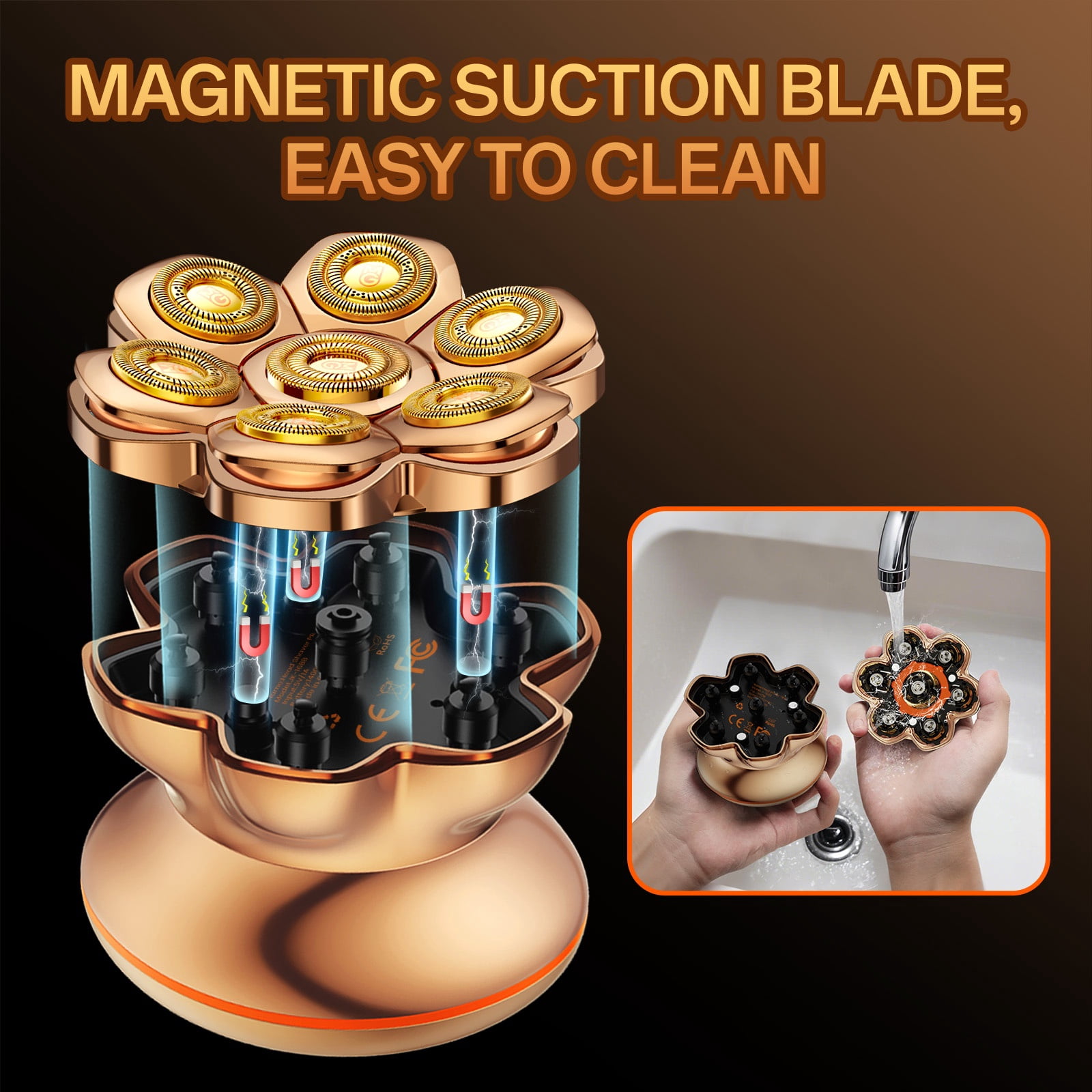 MAXGROOM® Head Shavers for Bald Men, Dual-Speed Waterproof Electric Razor with 7D Floating Heads, Close Shaving, Magnetic Detachable Blades, 140Minutes Runtime, Wet/Dry Shave, Gifts for Men (Gold)