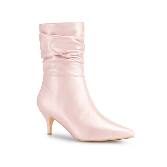 BLISSFUL STEP Women's Boots Faux Leather Mid Calf Slouch Pointed Toe Kitten Heel Zip Up Boots Light Pink 7