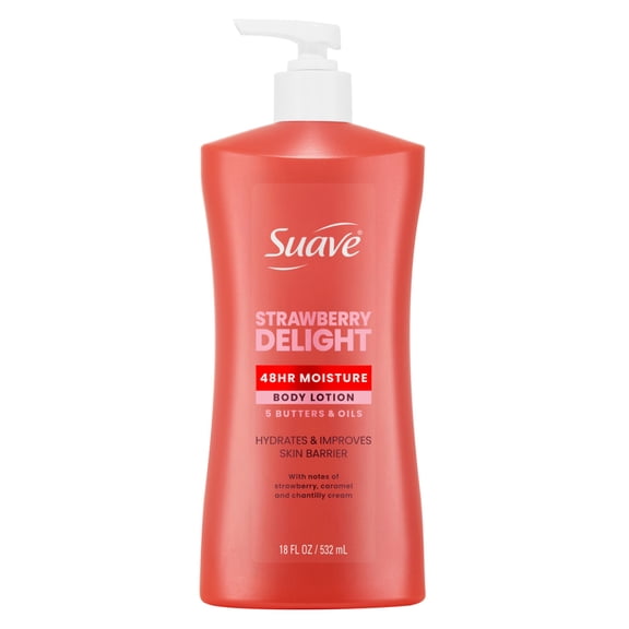 Suave Strawberry Delight Body Lotion with Shea Butter & Argan Oil, 48-Hour Moisture, Hydrates & Improves Skin Barrier, Non-Greasy, 18 Fl Oz