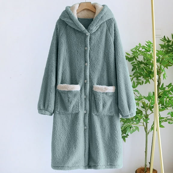 uublik Robes for Women Flannel Robes Casual Long Sleeves Robes Winter Woman Bathrobe Nightwear Blue