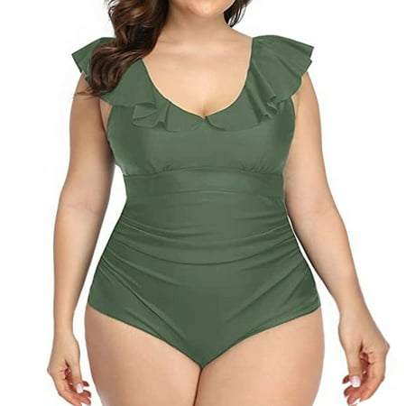 IDALL One Piece Swimsuit Women Bikini Sets 2025 New Swimsuit Conservative Large Size Swimsuit 1 Piece Swimsuit With Elegant Ruffles Bikini Swimsuit Bathing Suit Plus Size Swimsuit Green 2XL
