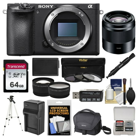 Sony Camera Nex 6 Sony Alpha A6500 4K Wi-Fi Digital Camera Body with 50mm f/1.8 Lens + 64GB Card + Case + Battery & Charger + Tripod + Tele/Wide Lens Kit ()