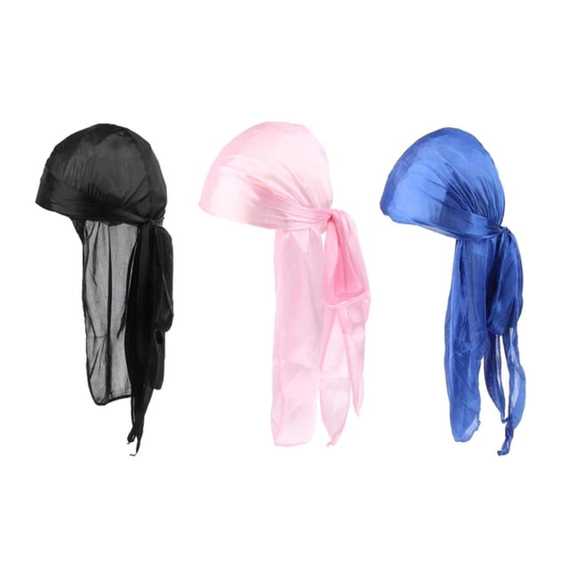 3PCS Silky Long Tail Headwrap Pirate Hat Bandana + Azul + Rosa Hugo Mujer Hombre Durag Sombreros
