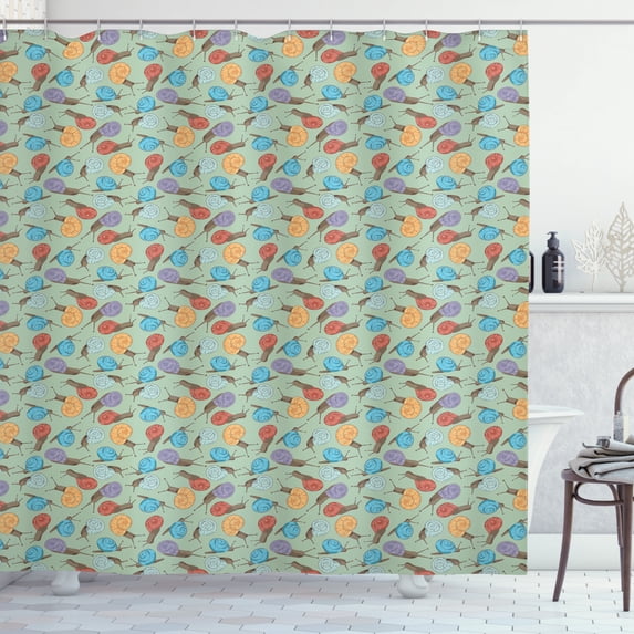 Animal Shower Curtain, Hand Drawn Snails and Mollusks with Colorful Vortex Shape Shells Repeating Pattern, Fabric Bathroom Set with Hooks, 69W X 75L Inches Long, Multicolor, by Ambesonne