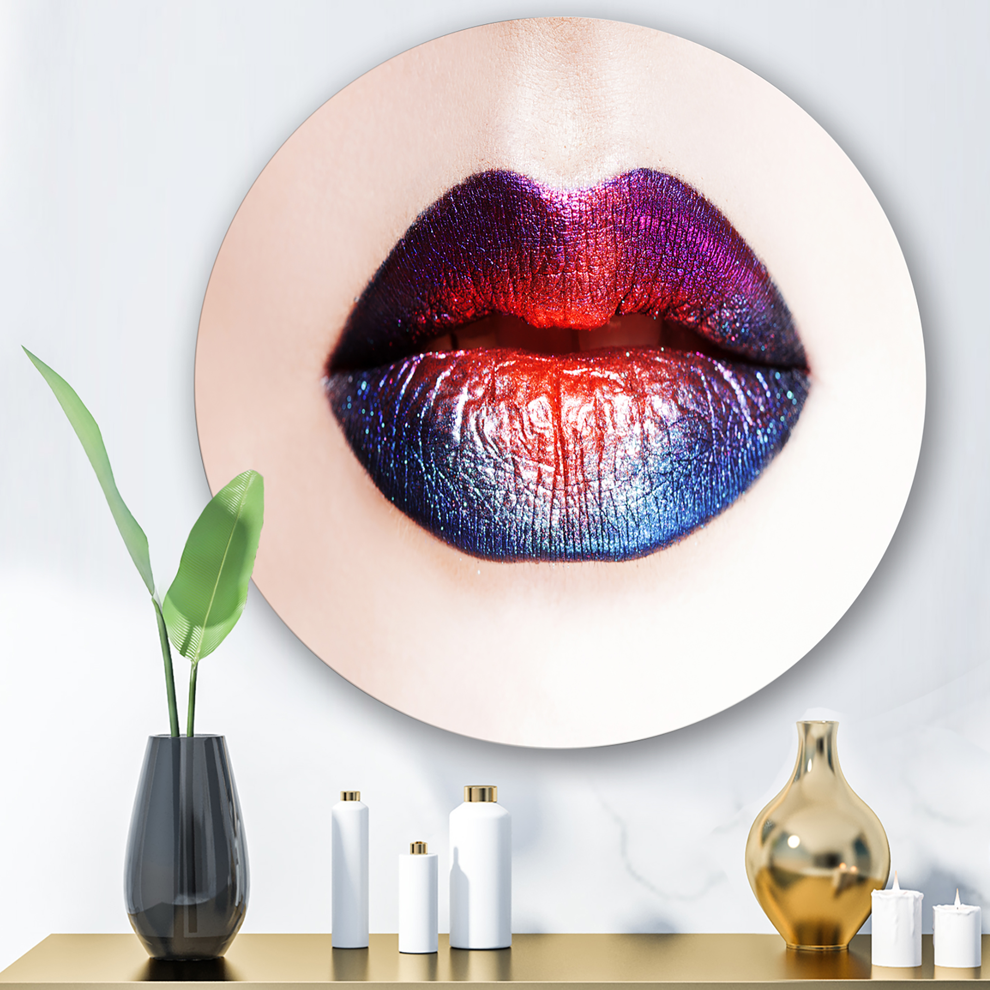 Designart 'Female Lips With Bright Multicolored Lipstick' Modern Circle Metal Wall Art 23x23 - Disc of 23