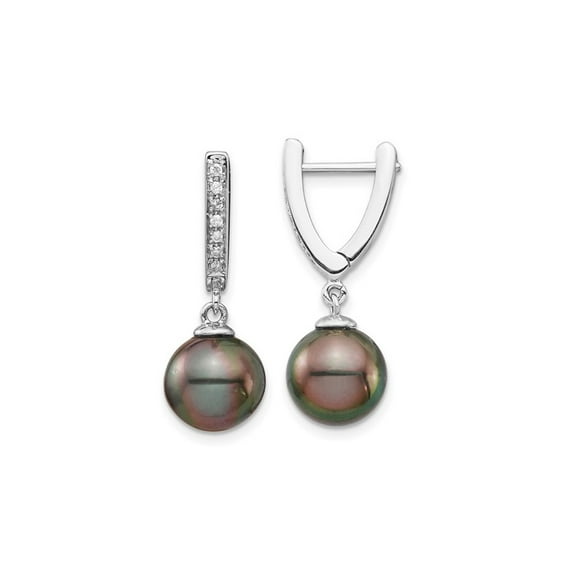 14K White Gold Black Saltwater Tahitian Dangle Pearl Earrings (9-10mm)