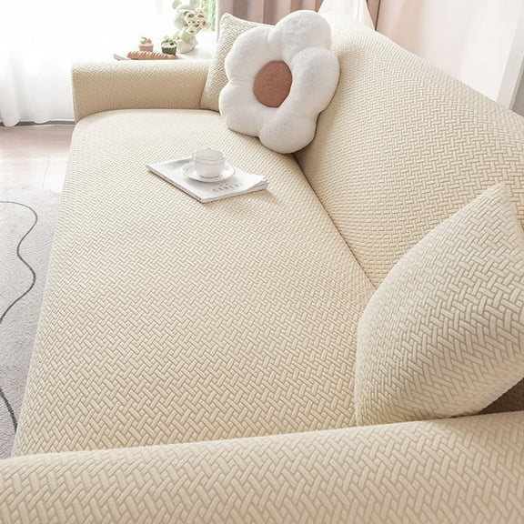 Universal Super Stretch Sofa Cover for 3-Cushion Couch, Striped Fitted Slipcover with Elastic Bottom, Pet-Friendly Spandex Fabric, Comfortable & Durable Furniture Protector (72"-92", Beige)