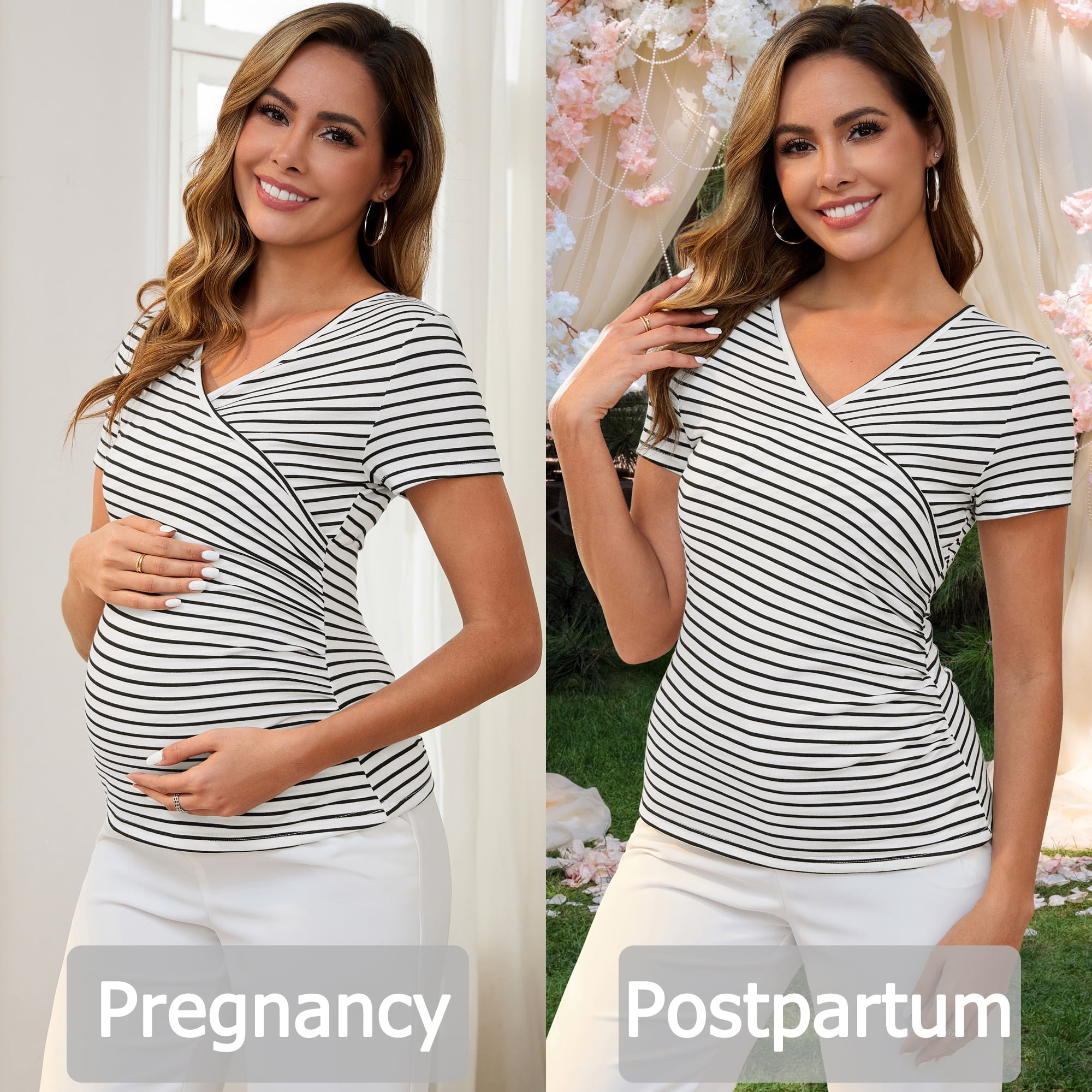 DARING DIVA Women's 2 Packs Ruched V Neck Maternity Nursing Blouse XXL Black&Striped