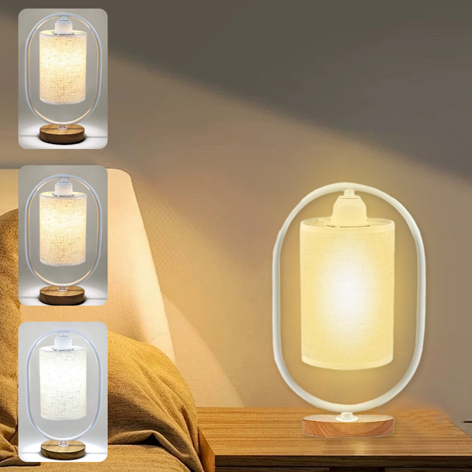 100Fens Table Lamp For Bedroom 3 Way Dimmable Nightstand Lamp With Round Flaxen Fabric Shade For Living Room Office Dorm-Solid Wood- LED Bulb Included