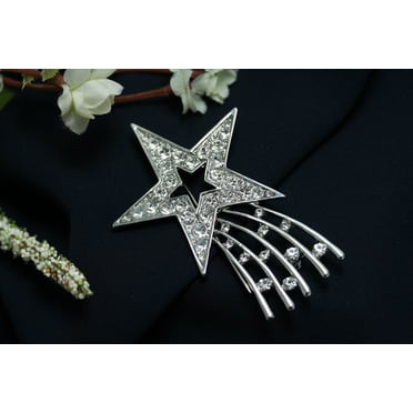 Silver Plated Rhinestone Shooting Star Brooch Pin