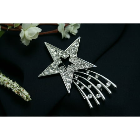 Silver Plated Rhinestone Shooting Star Brooch Pin