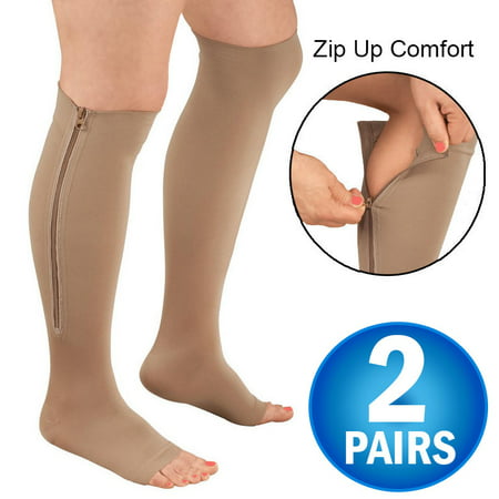 2 Zipper Pressure Compression Socks Support Stockings Leg - Open Toe Knee High - 20-30mmHg - Helps Circulation, Varicose Veins, Swollen Legs, Zipper - Nude Regular Size (2 (Best Way To Put On Compression Stockings)