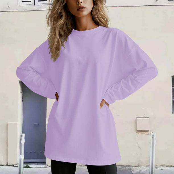 MHFRRA Camiseta de Manga Larga Suave y desgastada, Informal, Holgada, para Uso Diario y Cómoda. Púrpura Claro