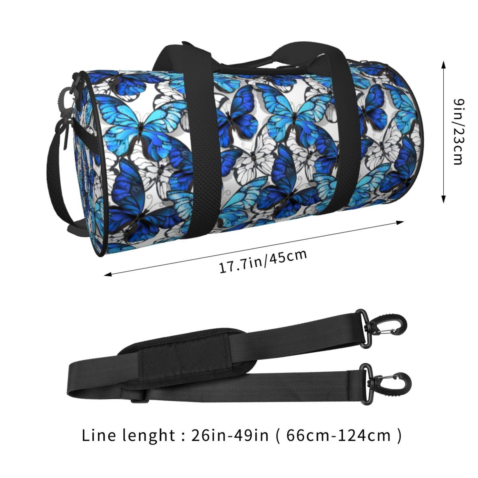 Horeoi Blue and White Butterflies Print Foldable Travel Duffle Bag with Removable Strap - Water-Resistant Gym Vacation Luggage Multi-Pocket Design
