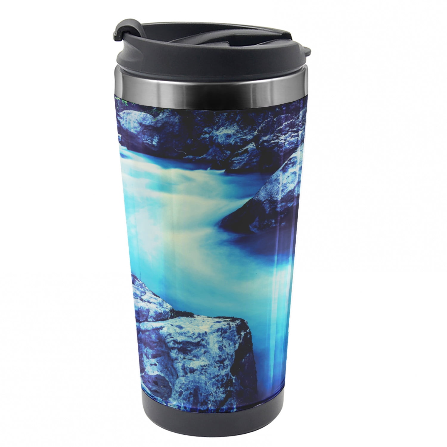 Waterfall Travel Mug, Frozen Lake in Winter, Steel Thermal Cup, 16 oz, by  Ambesonne
