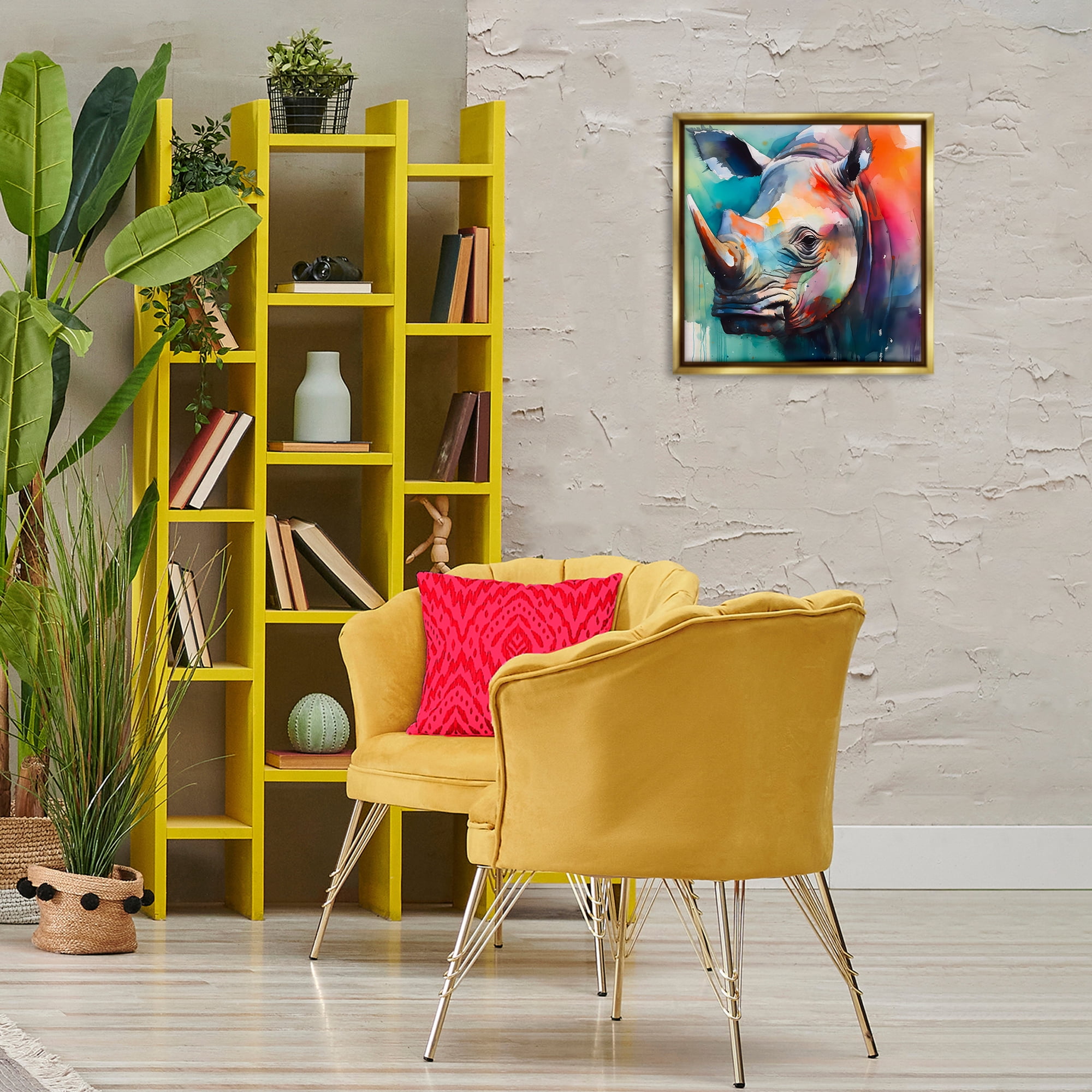 Stupell Industries Rhino with Modern Hues Animals & Insects Painting Gold Floater Framed Canvas Art Print Wall Art, 18 x 18