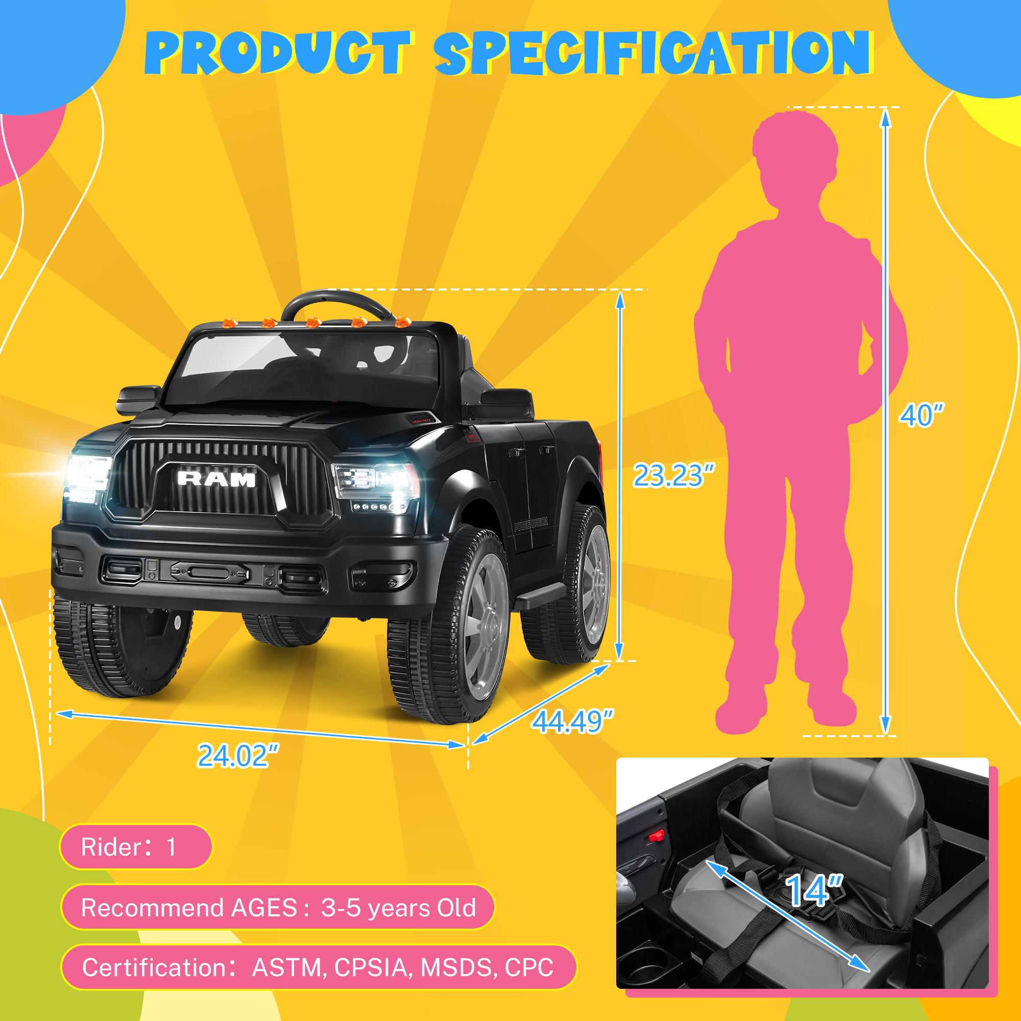 Ram Ride on Cars, 12V Licensed Powered Dodge Ram Ride on Toy Car with Remote Control, Electric Truck Car for Kids 3-5 w/Music Player/LED Headlights/Safety Belt/Water Cup Holder, Black