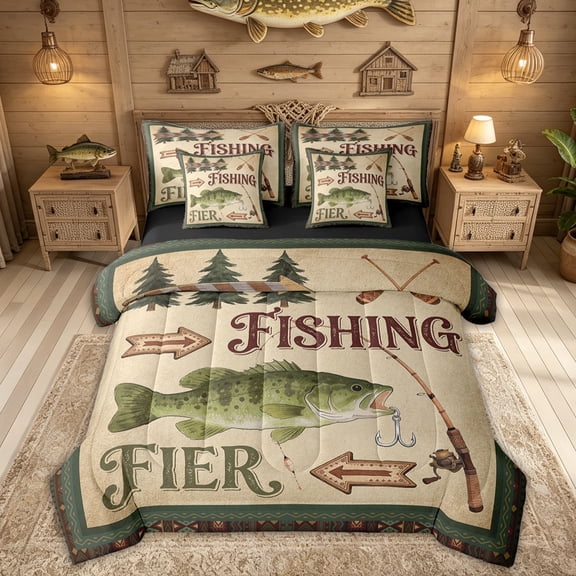 Feelyou Tribal Western Country Fishing Twin Bedding Sets for Men Boys, Vintage River Animal Bedding Comforter Set, Brown Green, Black Reversible, 7pcs