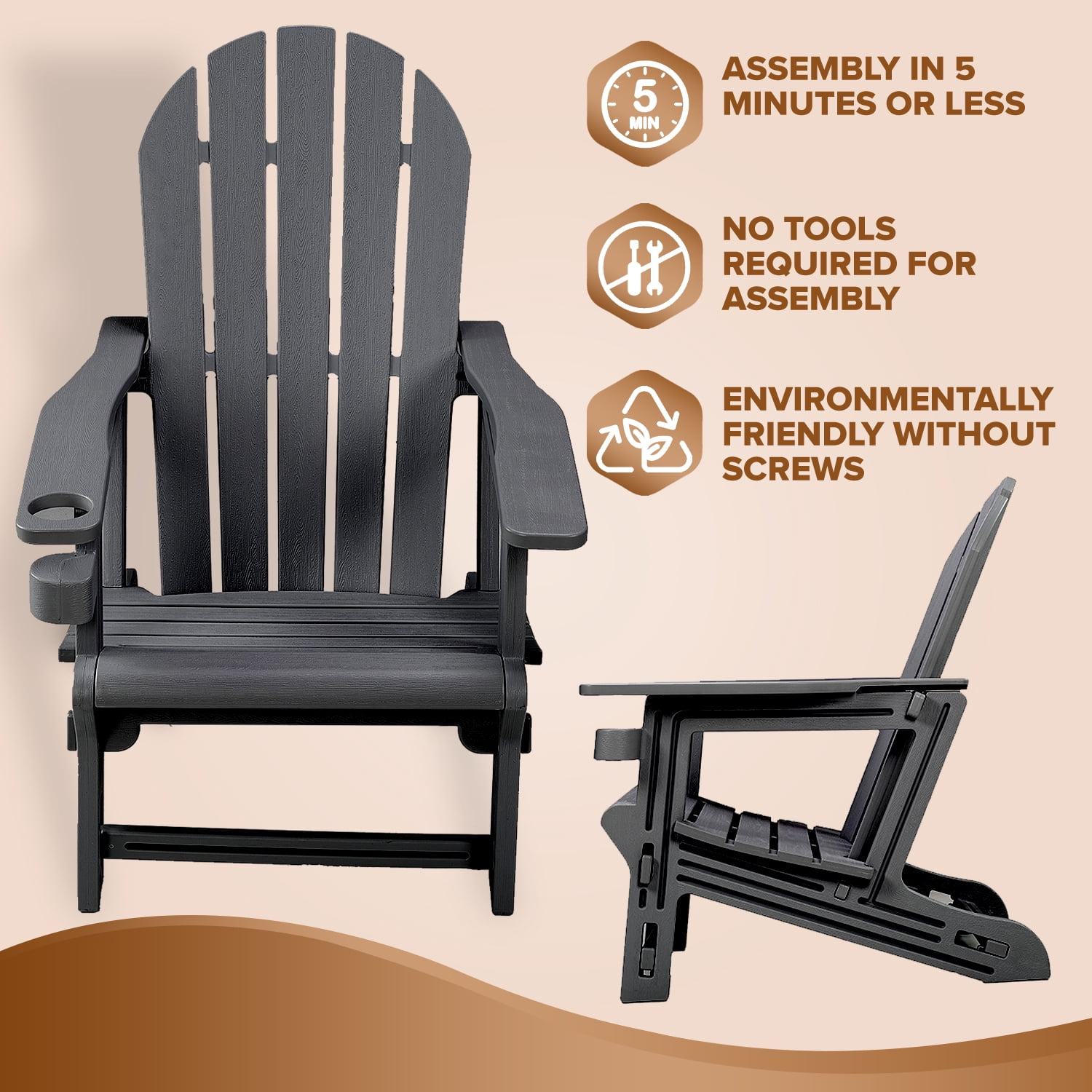 Adirondack Chair, Weather-Resistant HDPE, Tool-Free 5-Min Assembly, Patio/Fire Pit/Lawn Use, Black