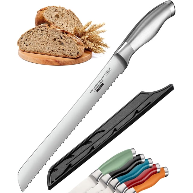Orblue Serrated Bread Knife with 10-inch Upgraded Stainless Steel Razor Sharp Wavy Edge Width - Bread Cutter Ideal for Slicing Homemade Bagels and Cake