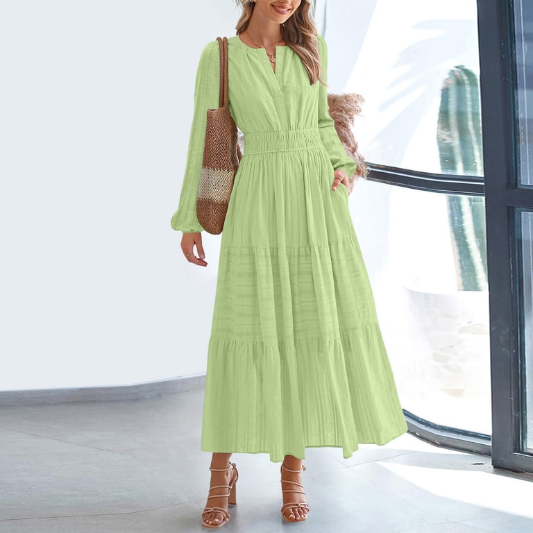Qulqfy Fall Wedding Guest Dresses for Women Long Sleeve Maxi Green V Neck Tiered Elastic Waist A Line Dresses Dress for Women S, Women's, Size: Small