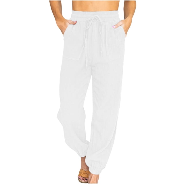 Womens Casual Lounge Pants Elastic High Waist Solid Color Drawstring Relaxed Fit Trousers Workout Pants with Pockets