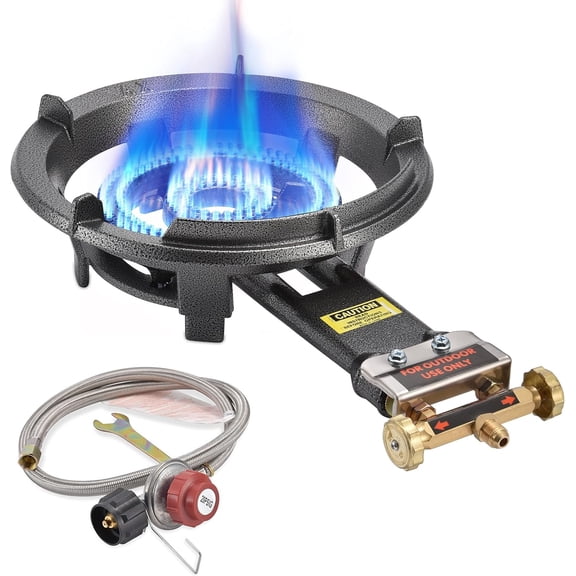 Outdoor  Burner Stove, 13" Single  Burner, Cast Iron Portable Wok Burner With Bilateral Control Rings and 0-20 PSI Adjustable regulator, Stainless Steel Hose