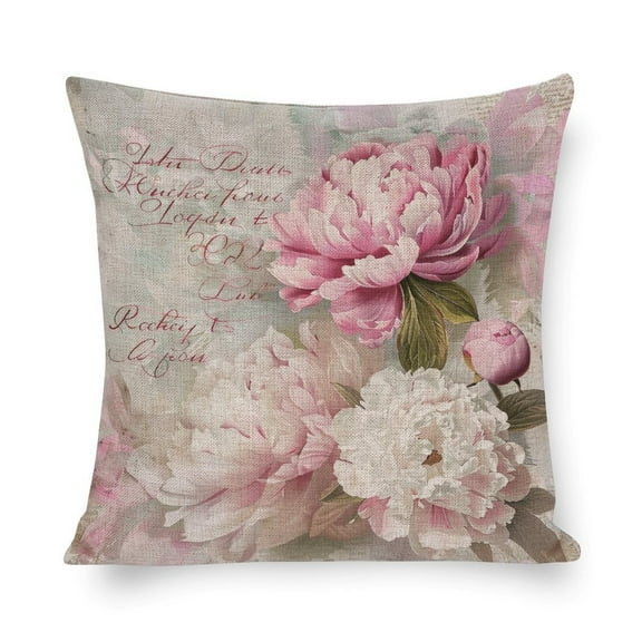 Pillow Cases French Shabby Chic Peonies Linen Pillow Cover Vintage Shabby Summer Chic Farmhouse Farmhouse Pillow Covers 16"x16" Modern Decorative Pillow Covers for Couch Sofa Bedroom Car