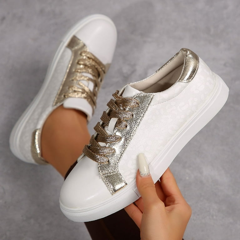 Rokment Womens Metallic Gold Color Block Low Top Fashion Sneakers Spring Fall Bling Casual Walking Flat Shoes, Women's, Size: 9, White Rokment Womens Metallic Gold Color Block Low Top Fashion Sneakers Spring Fall Bling Casual Walking Flat Shoes, Women's, Size: 9, White