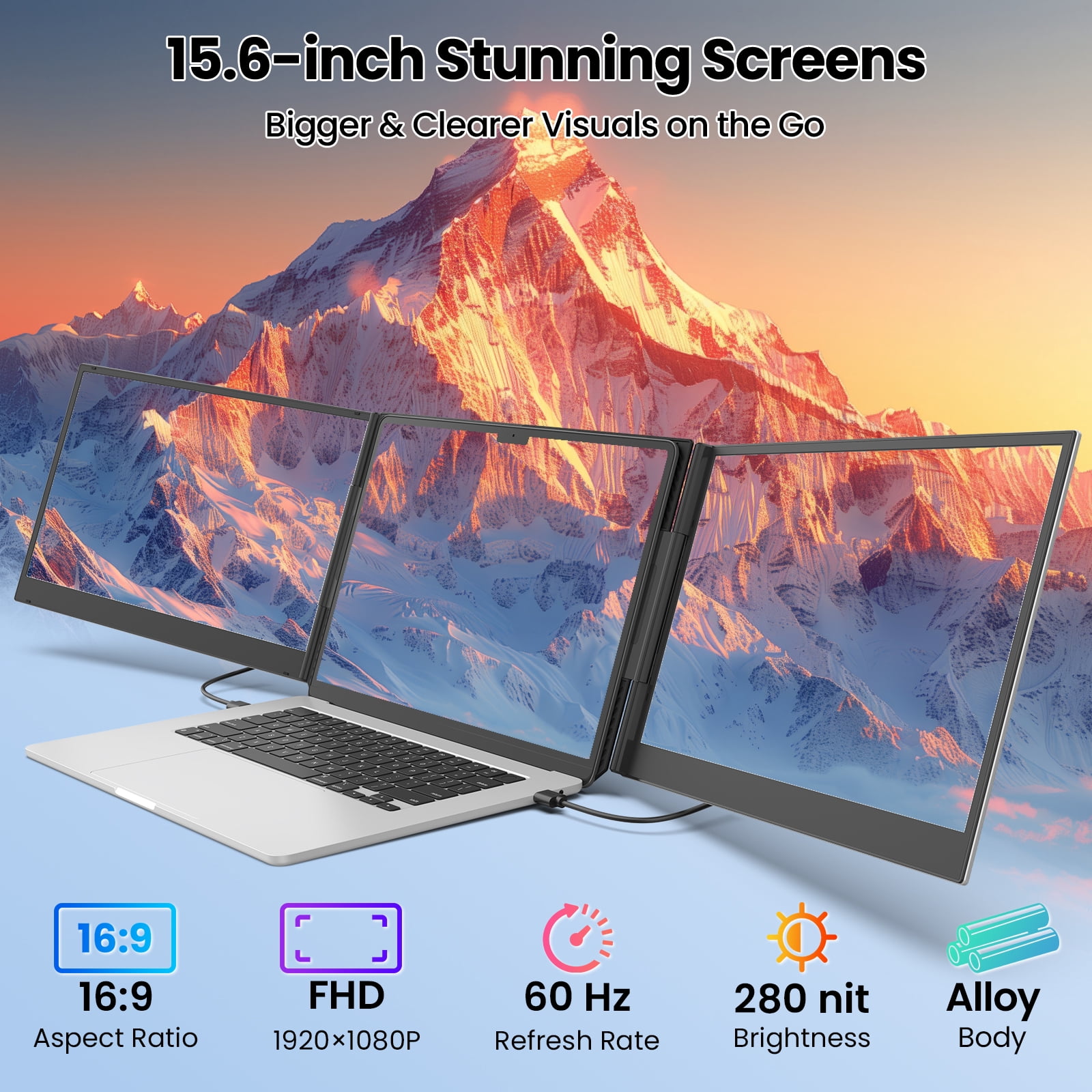 Tlscon 15.6”Laptop Screen Extender, 1080P IPS Triple Portable Extended Display, Laptop Monitor Extender for 13-17.3" , Plug & Play Compatible with Windows/Mac/Android