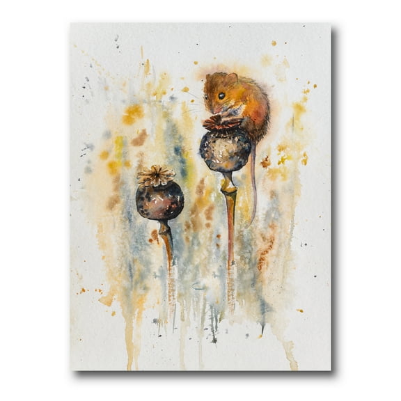 Little Mouse Sitting On Poppies 12 in x 8 in Painting Canvas Art Print, by Designart