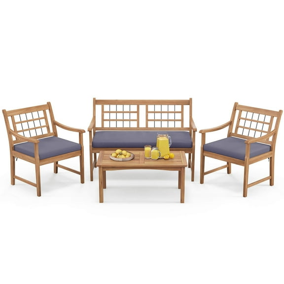Gymax Set of 4 Wood Furniture Set w/ Seat Cushions & Solid Acacia Wood Frame Outdoor Gray