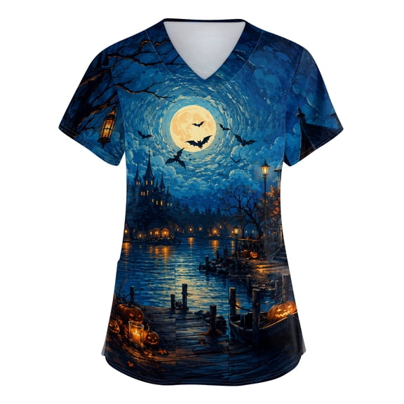 Womens Halloween Scrub Tops Funny V Neck Spooky Castle Printed Scrub Shirts Horror Short Sleeve Scrubs Medical Nurse Workwear Nursing Uniform with Pockets, L