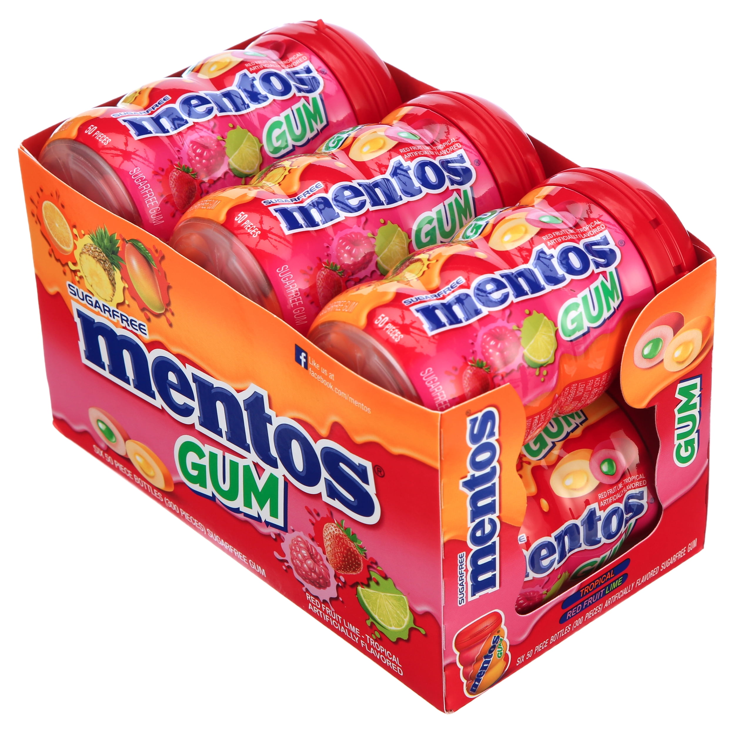 Mentos Gum Red Fruit and Lime-Tropical 50 piece Curvy Bottle - Pack of 6