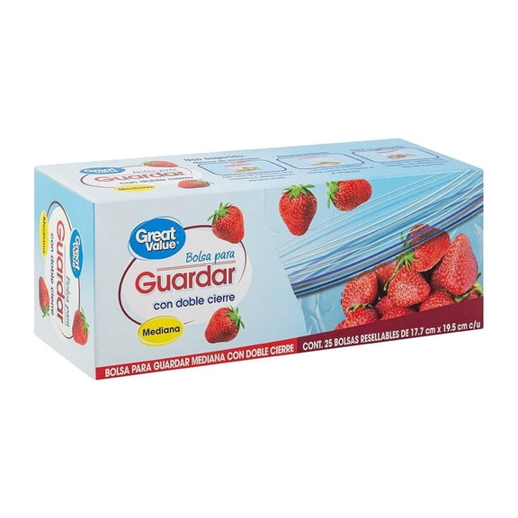 Bolsas para guardar Great Value mediana con doble cierre 25 pzas