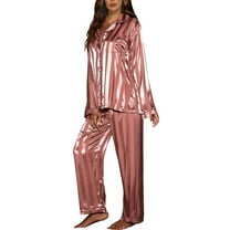 SWSMCLT Women's Long Sleeve Pajamas Satin Soft Thin 2 Piece Lounge Set Pajama Set Summer Button Up Silky Fall Rose Small