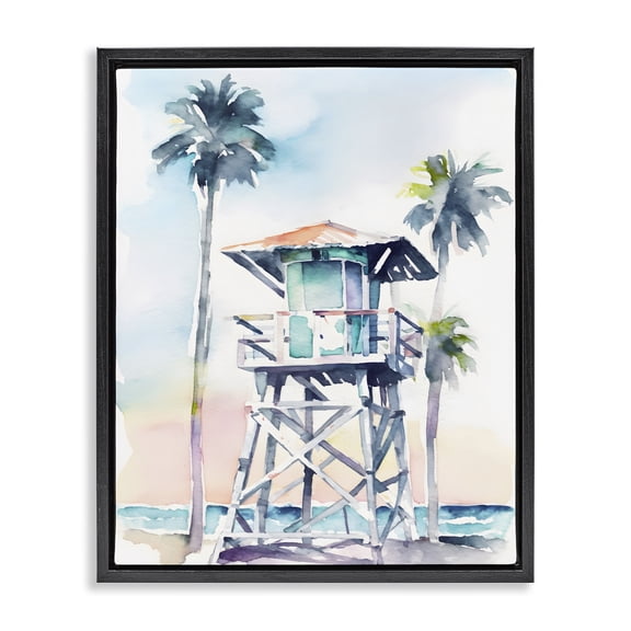 Stupell Industries Tropical Lifeguard Hut on Beach Black Floating Frame Canvas Art, 17 x 21, by Petals Prints Design