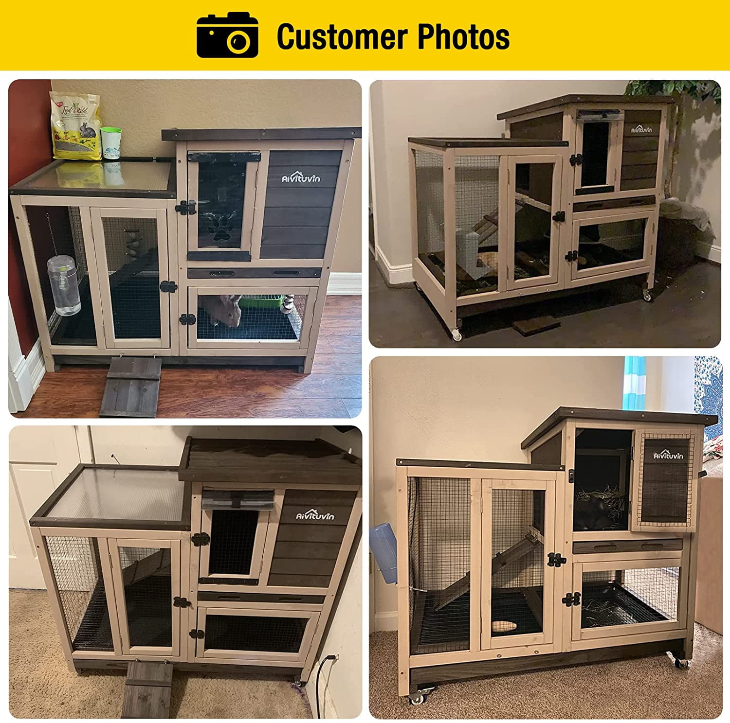 Upgrade Rabbit Cage Indoor Bunny Hutch with Run with Two Deeper No Leak Trays - 4 Casters Include for Outdoor (Coffee)
