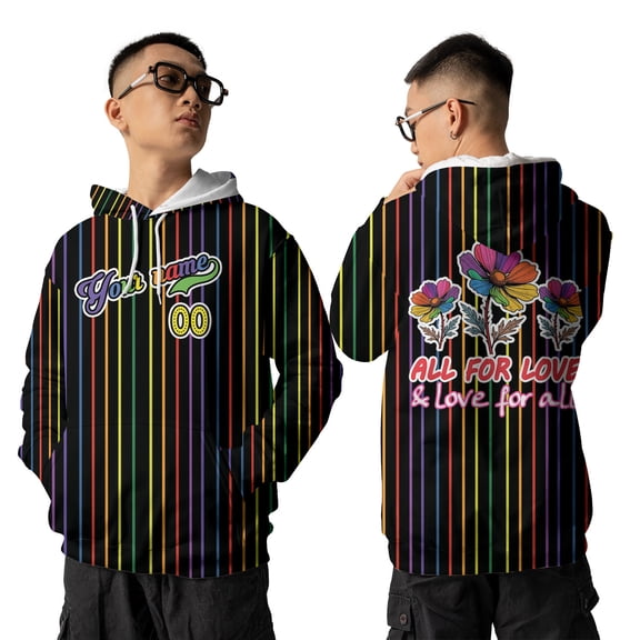 Vertical Rainbow Stripe Hoodie, All for Love And Love for All 3D Hoodie, Custom Name Pride Pullover Sweatshirt