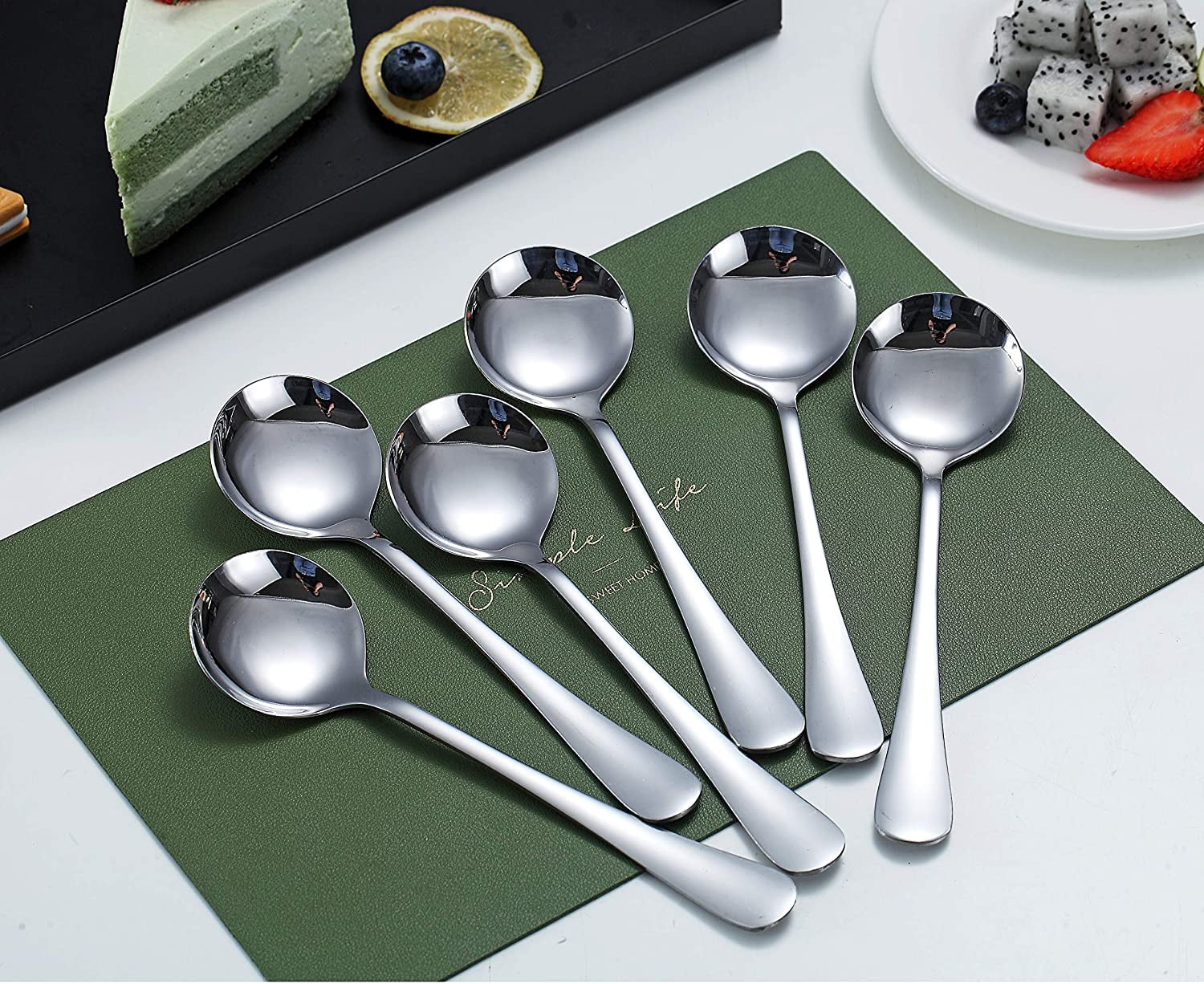 Goeielewe Dinner Spoons Set of 6, Stainless Steel Iced Teaspoons with Ceramic Handle 6.8-inch Long Soup Tablespoons Espresso