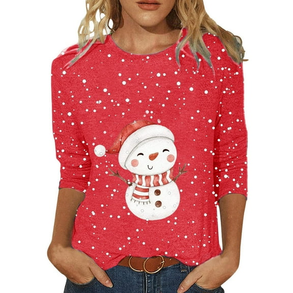 Womens Christmas Tops 3/4 Sleeve Shirts Ladies Casual Snowman Print Crewneck Holiday Graphic Tees Blouses
