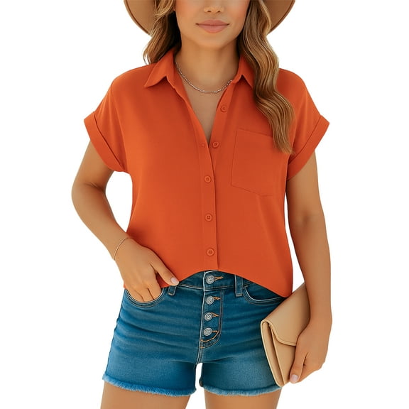 OHHSHEEN Women's Button Down Shirts – Short Sleeve V Neck Blouses for Women, Work Shirts Office Casual Tops
