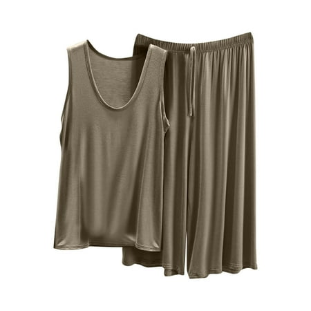 HUJlwoi Women Tank Tops Pajama Sets Solid Color 2 Piece Lounge Outfits Sleeveless Shirts Capri Pants Pjs Sets Spring Summer Sleepwear